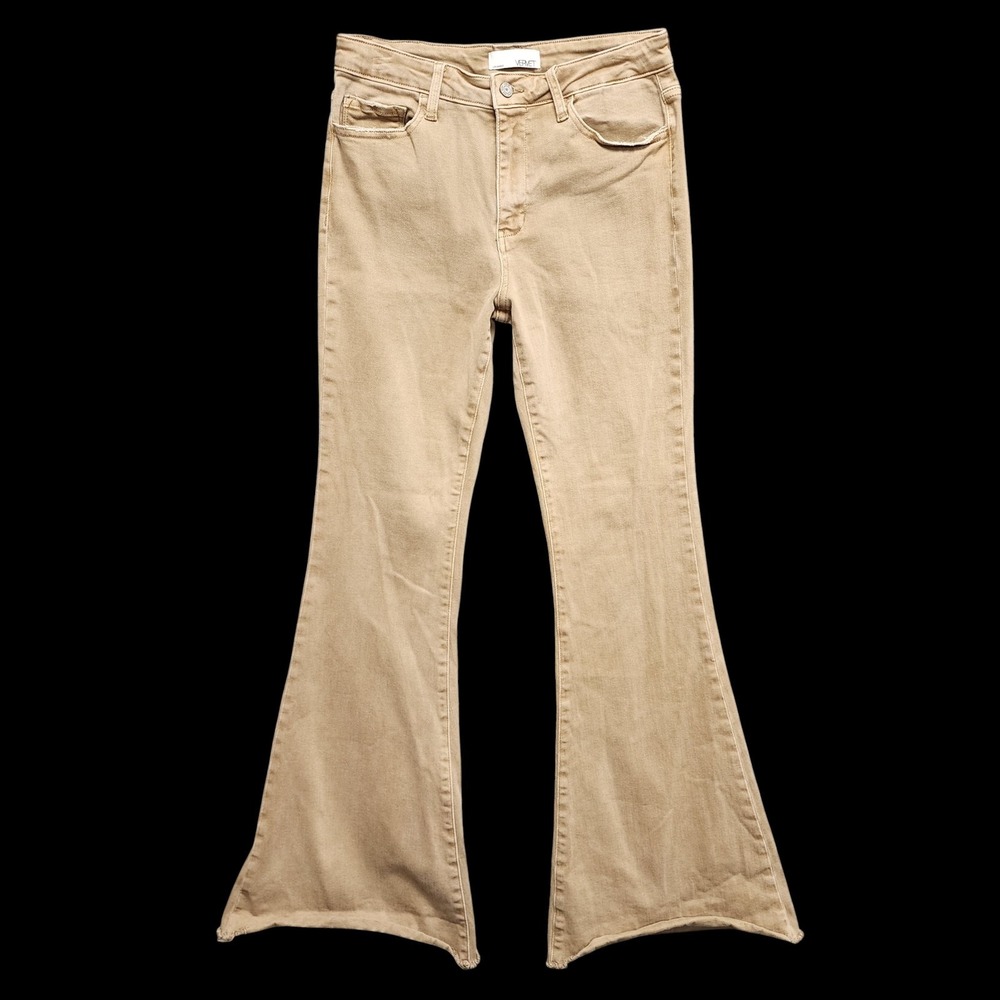 Vervet High Rise Super Flare Jeans Womens 30 (Fits 28x32) Khaki Beige Distressed